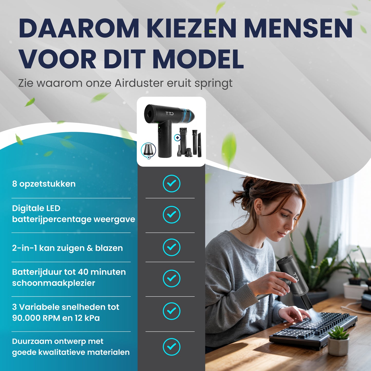 TTD® Air Duster Pro 2-in-1 - Draadloze Airduster & Kruimeldief met 8 Opzetstukken en LED Display - 90.000 RPM Motor en 12kPa Zuigkracht - Perslucht - Compressed Air voor Computer - USB-Oplaadbaar