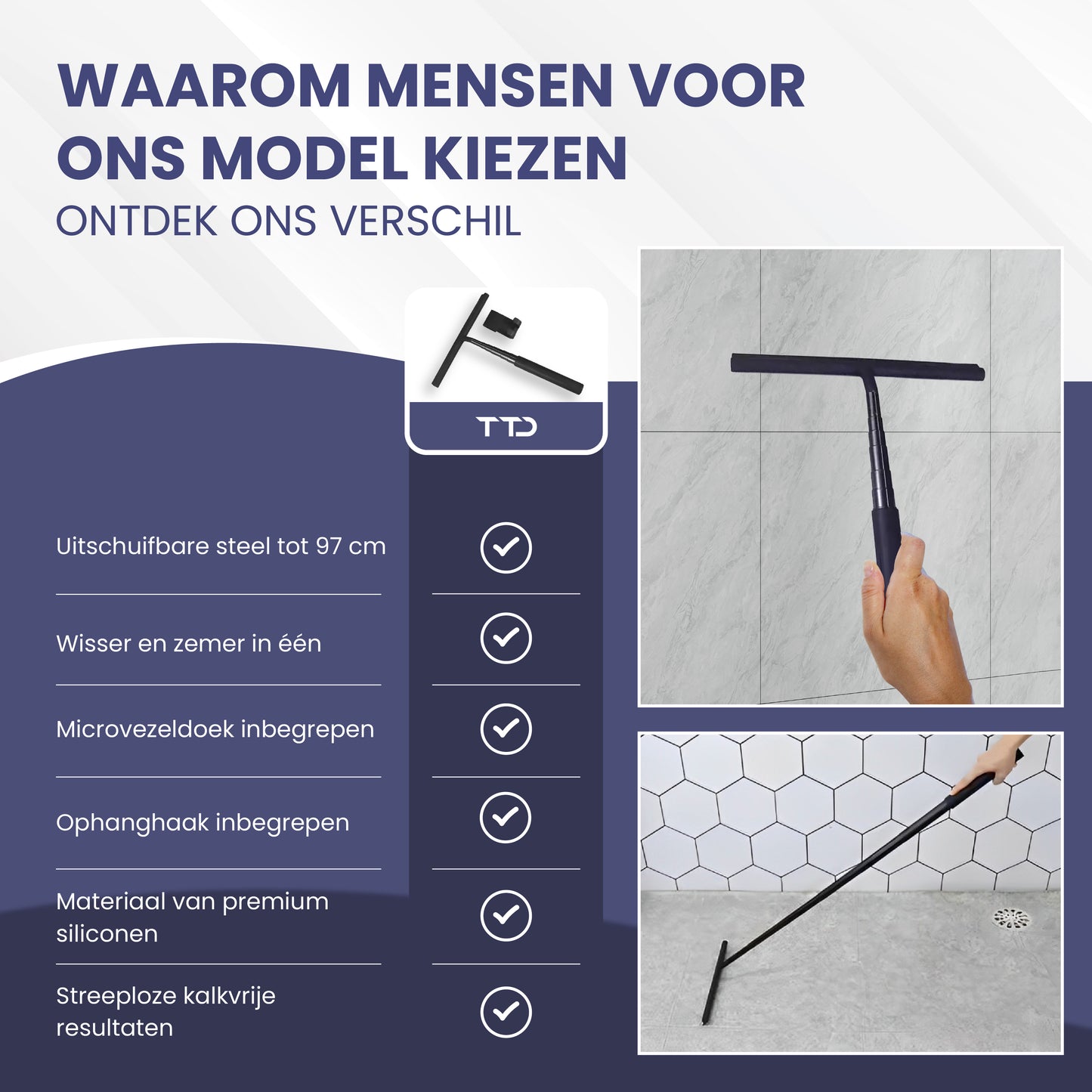 TTD® Douchewisser 2-in-1 met Uitschuifbare Lange Steel - 97 cm - Siliconen Wisserblad - Ergonomisch - Met Microvezeldoek en Ophanghaak - Douche Trekker - Vloerwisser Badkamer - Vloertrekker - Zwart