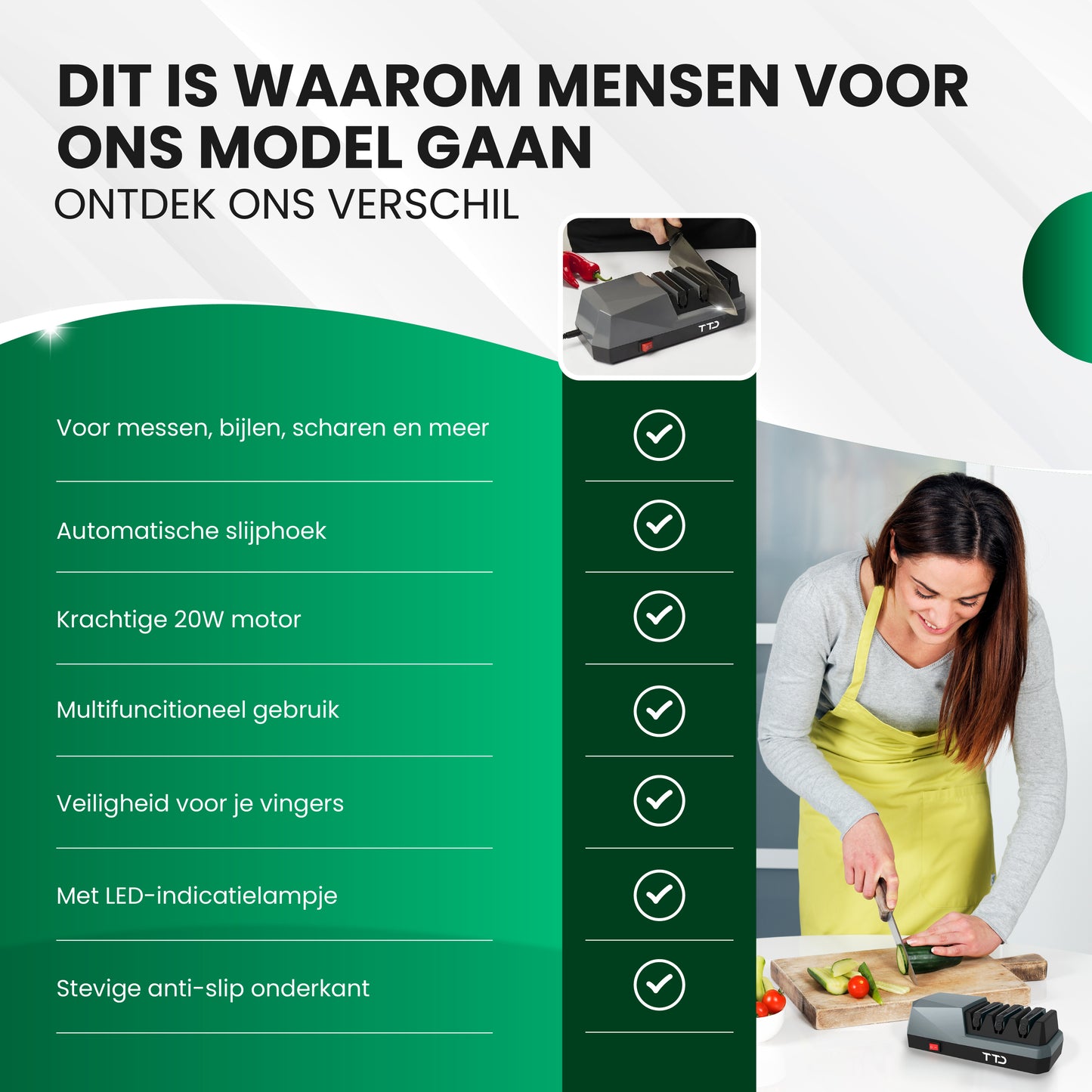 TTD® Premium Messenslijper Elektrisch - 3 Standen - Voorbewerken, Slijpen en Polijsten - Antislip - Doortrekslijper - Knife Sharpener - Aanzetstaal voor Messen