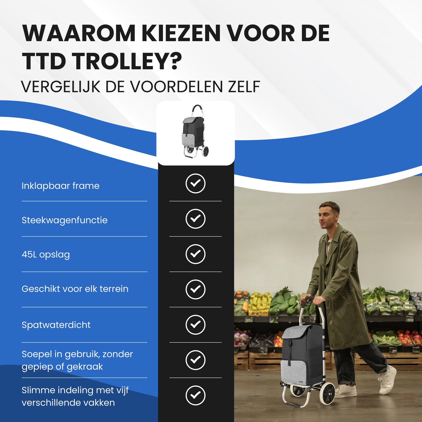 TTD® Boodschappentrolley met Steekwagenfunctie - Opvouwbaar Frame - 45L - Ruime Zijvakken - Boodschappenwagen - Waterdicht - All-Terrain Wielen - Boodschappenkar