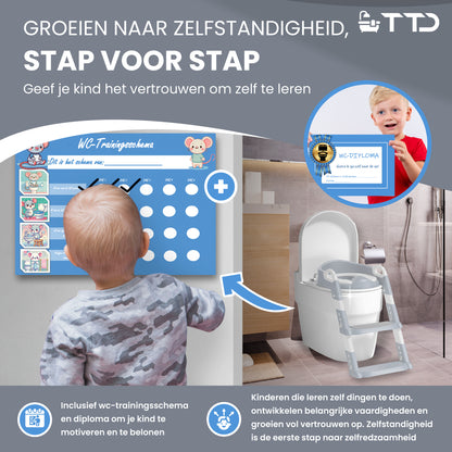 TTD® Potje Peuter - WC Verkleiner met Trapje - Toiletverkleiner - Toilettrainer met Opstapje - In Hoogte Verstelbaar en Opvouwbaar - 2 tot 8 jaar - Met Beloningssysteem en Diploma