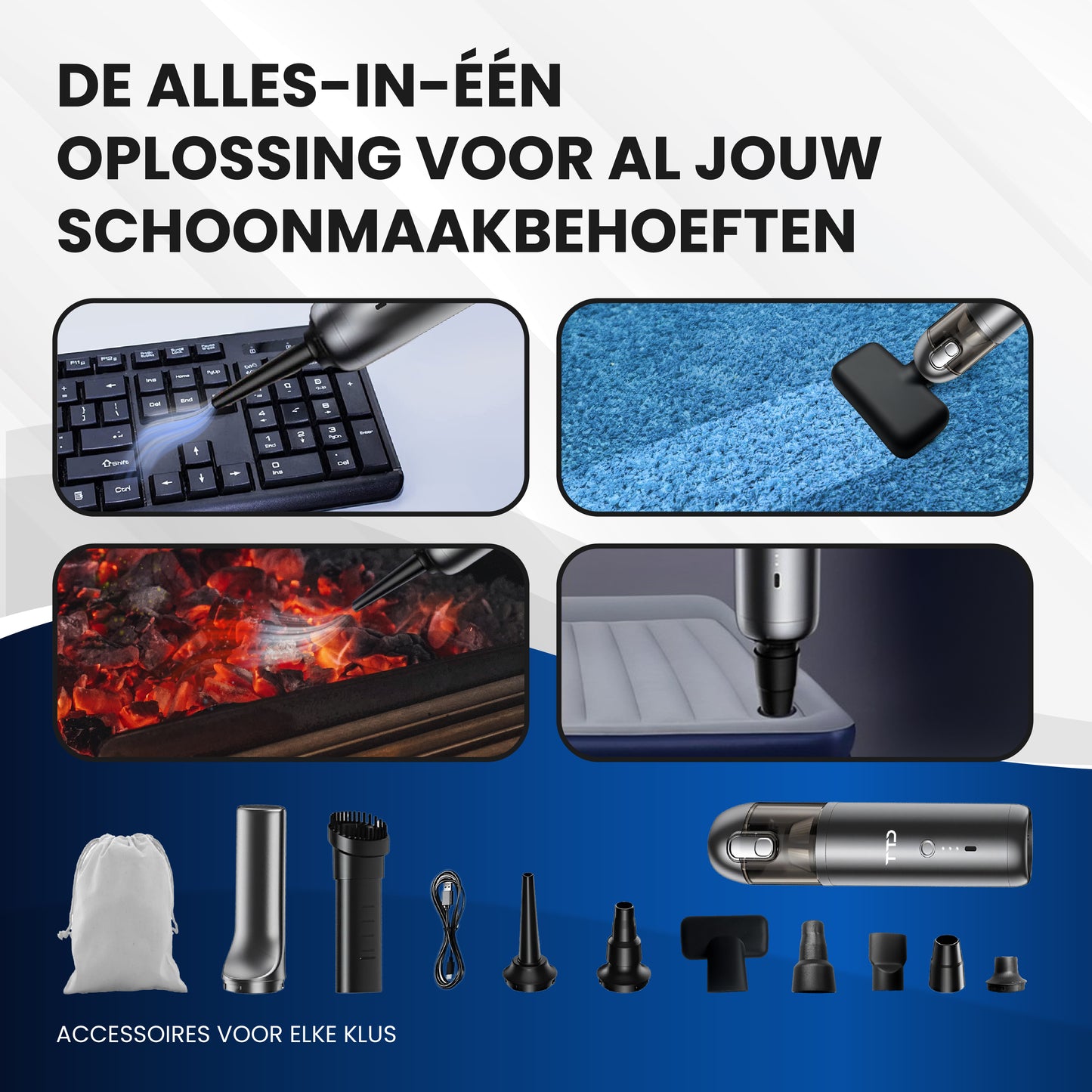 TTD® Premium Auto Stofzuiger Draadloos en Oplaadbaar - 17.000 Pa - Kruimeldief Snoerloos - Handstofzuiger - Blazen & Zuigen - Hittebestending - Compact design - Met HEPA-filter