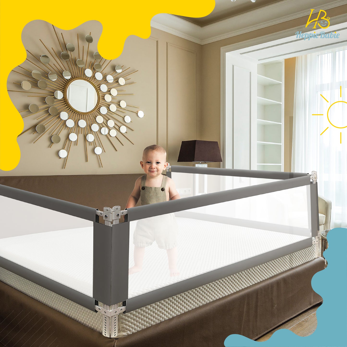 HeppieBabie Bedhekje - Universeel - Extra Lang 150 CM - Verstelbaar - Grijs met opvangnet - Bedrand - Bedrail - Bedrek