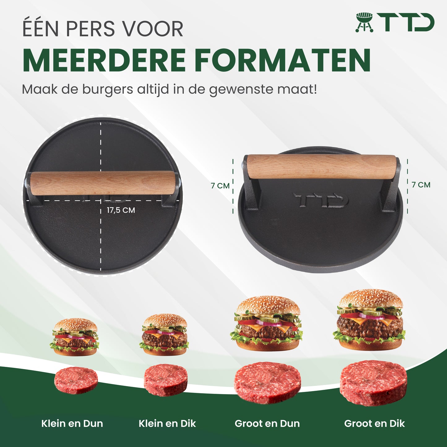 TTD® Hamburgerpers Gietijzer XL - Hamburgermaker Extra Zwaar - Hittebestendig - Strakke Grillgroeven - BBQ Accesoires - Barbecue Accessoires - Smash Burger - BBQ Gereedschap
