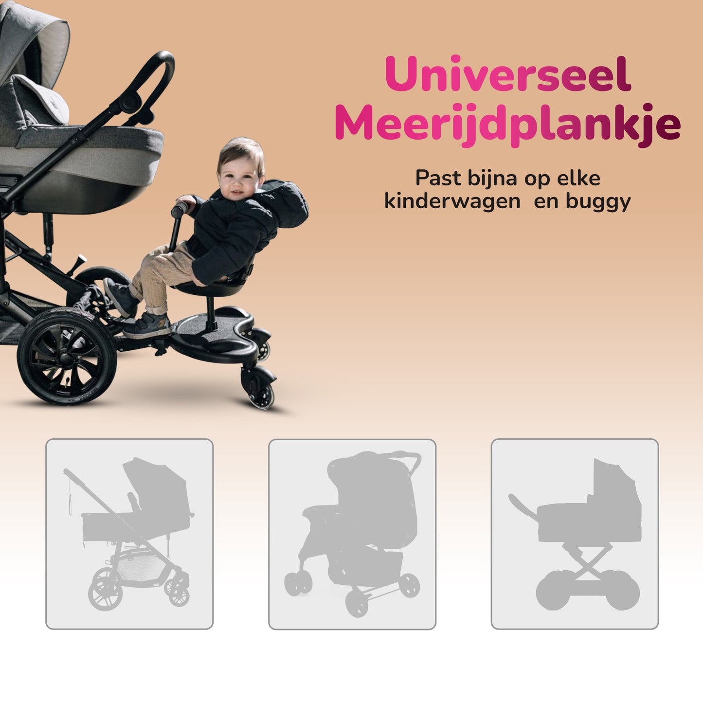 HeppieBabie - Meerijdplankje Deluxe - Met Zitje - Voor Kinderwagen/Buggy - Buggy Board - Met Ebook - Universeel