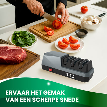 TTD® Premium Messenslijper Elektrisch - 3 Standen - Voorbewerken, Slijpen en Polijsten - Antislip - Doortrekslijper - Knife Sharpener - Aanzetstaal voor Messen