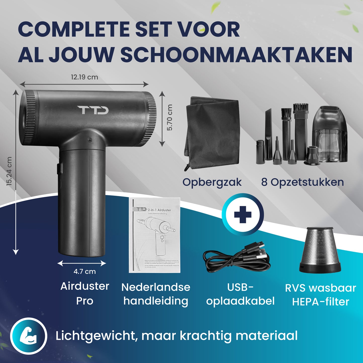 TTD® Air Duster Pro 2-in-1 - Draadloze Airduster & Kruimeldief met 8 Opzetstukken en LED Display - 90.000 RPM Motor en 12kPa Zuigkracht - Perslucht - Compressed Air voor Computer - USB-Oplaadbaar