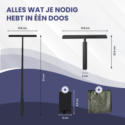 TTD® Douchewisser 2-in-1 met Uitschuifbare Lange Steel - 97 cm - Siliconen Wisserblad - Ergonomisch - Met Microvezeldoek en Ophanghaak - Douche Trekker - Vloerwisser Badkamer - Vloertrekker - Zwart