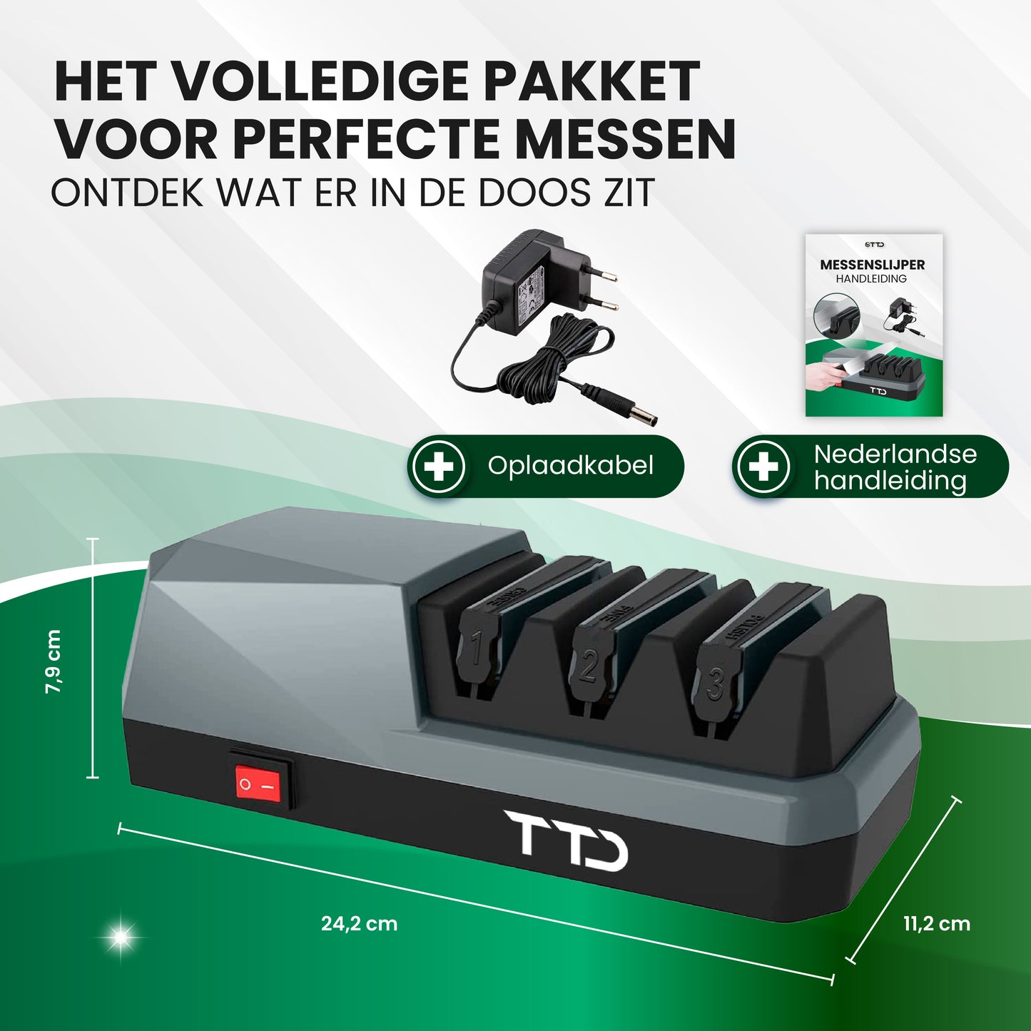 TTD® Premium Messenslijper Elektrisch - 3 Standen - Voorbewerken, Slijpen en Polijsten - Antislip - Doortrekslijper - Knife Sharpener - Aanzetstaal voor Messen