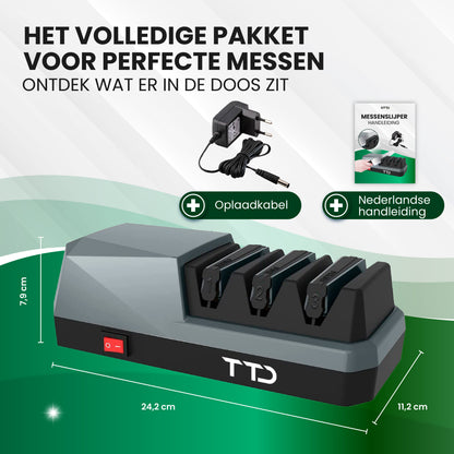 TTD® Premium Messenslijper Elektrisch - 3 Standen - Voorbewerken, Slijpen en Polijsten - Antislip - Doortrekslijper - Knife Sharpener - Aanzetstaal voor Messen
