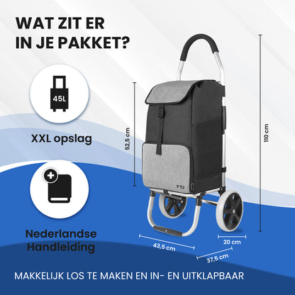 TTD® Boodschappentrolley met Steekwagenfunctie - Opvouwbaar Frame - 45L - Ruime Zijvakken - Boodschappenwagen - Waterdicht - All-Terrain Wielen - Boodschappenkar
