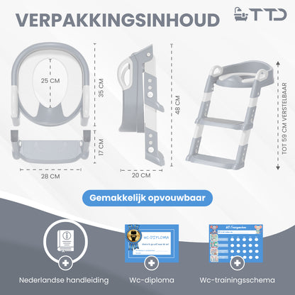 TTD® Potje Peuter - WC Verkleiner met Trapje - Toiletverkleiner - Toilettrainer met Opstapje - In Hoogte Verstelbaar en Opvouwbaar - 2 tot 8 jaar - Met Beloningssysteem en Diploma