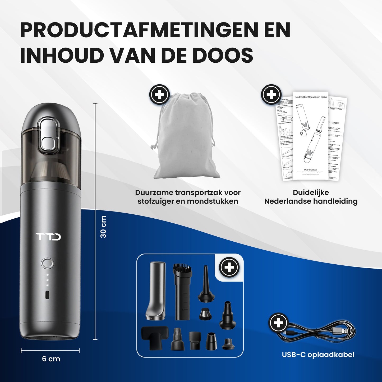 TTD® Premium Auto Stofzuiger Draadloos en Oplaadbaar - 17.000 Pa - Kruimeldief Snoerloos - Handstofzuiger - Blazen & Zuigen - Hittebestending - Compact design - Met HEPA-filter