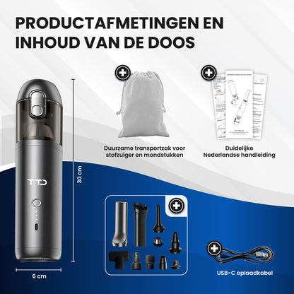 TTD® Premium Auto Stofzuiger Draadloos en Oplaadbaar - 17.000 Pa - Kruimeldief Snoerloos - Handstofzuiger - Blazen & Zuigen - Hittebestending - Compact design - Met HEPA-filter