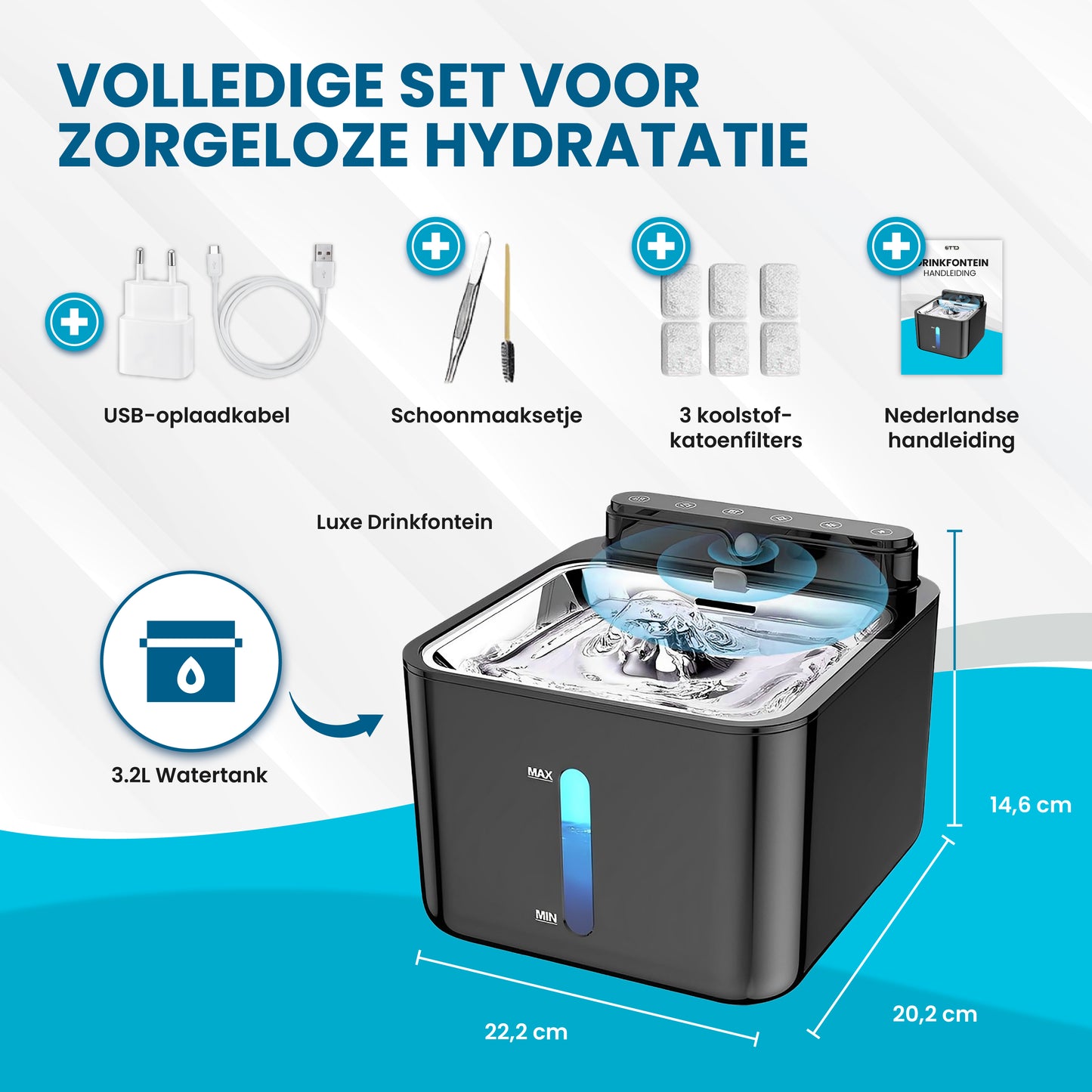 TTD® Luxe Premium RVS Drinkfontein met Sensor - Draadloze Drinkfontein Geschikt voor Hond en Kat - Extra Groot Reservoir van 3.2 L - 4000mAh Batterij - RVS- BPA Vrij - Incl. 3 Filters en Cleaning Tool - Fluisterstil