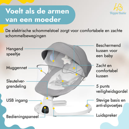 HeppieBabie Elektrische Wipstoel - Muziek en Swing Opties - 5 Punts Gordel - Babyschommel- Schommelstoel - Baby Swing - Met Ebook