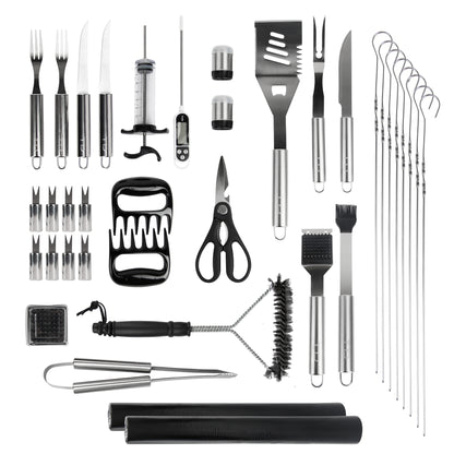 TTD® Premium BBQ Accesoires Set 40-delig - BBQ Gereedschapset RVS - Barbecue Accessoires - BBQ Tang - BBQ Spatel - Inclusief BBQ Thermometer en Schoonmaak Borstel - Inclusief Opbergtas