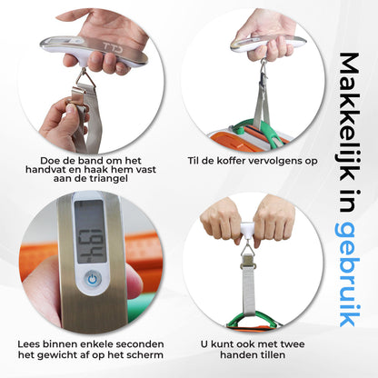 TTD® Kofferweegschaal met Travel Bag - Weegcapaciteit 50 kg - Bagageweegschaal - Bagageweger - Hangweegschaal - Digital Luggage Scale - Kofferweger - Reizen met Vliegtuig - kg/g/lbs/oz - Inclusief Batterijen - Wit