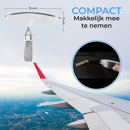 TTD® Kofferweegschaal met Verlicht Scherm en Travel Bag - Weegcapaciteit 50 kg - Bagageweegschaal - Bagageweger - Hangweegschaal - Digital Luggage Scale - Kofferweger - Reizen met Vliegtuig - kg/g/lbs/oz - Inclusief Batterijen - Wit