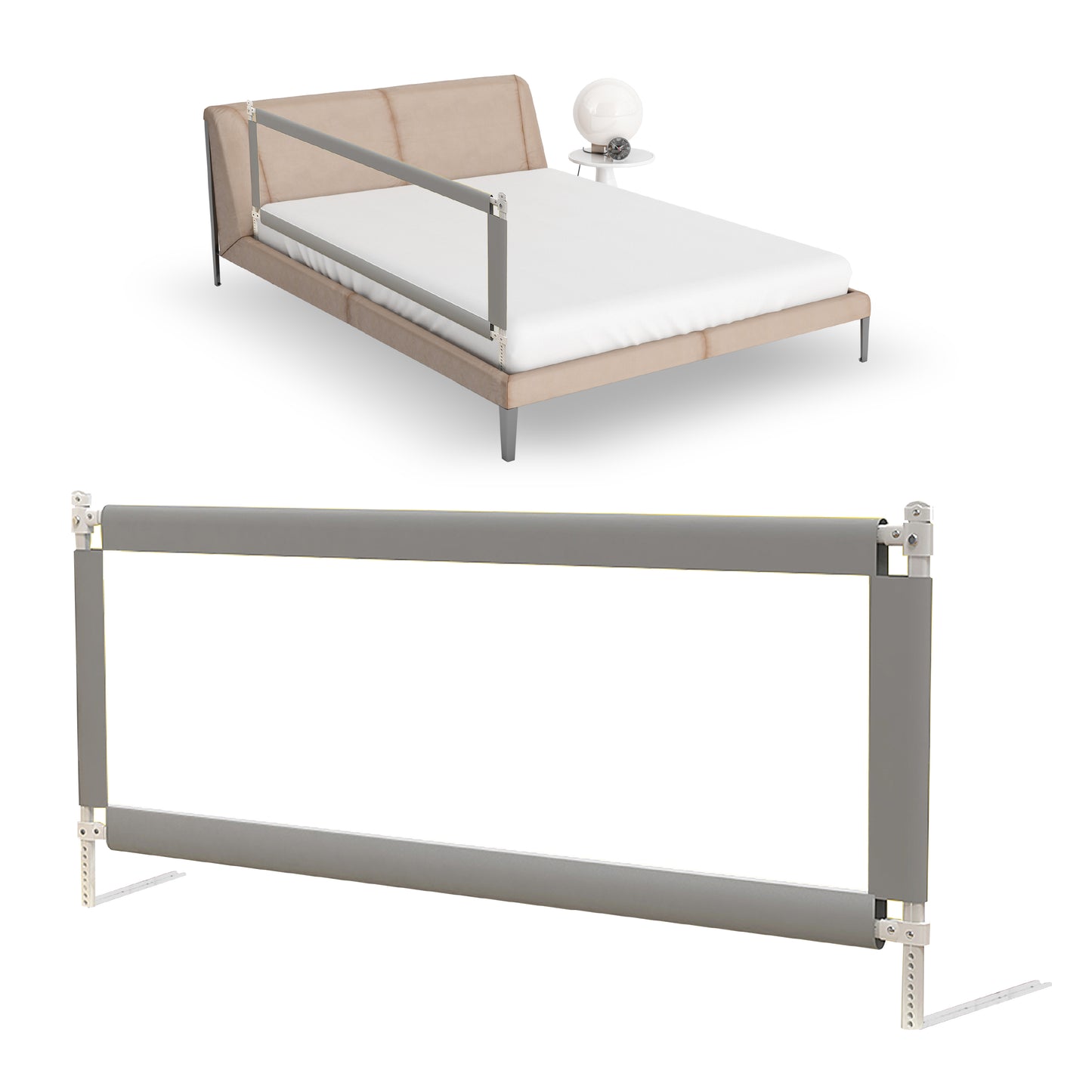 HeppieBabie Bedhekje - Universeel - Extra Lang 150 CM - Verstelbaar - Grijs met opvangnet - Bedrand - Bedrail - Bedrek