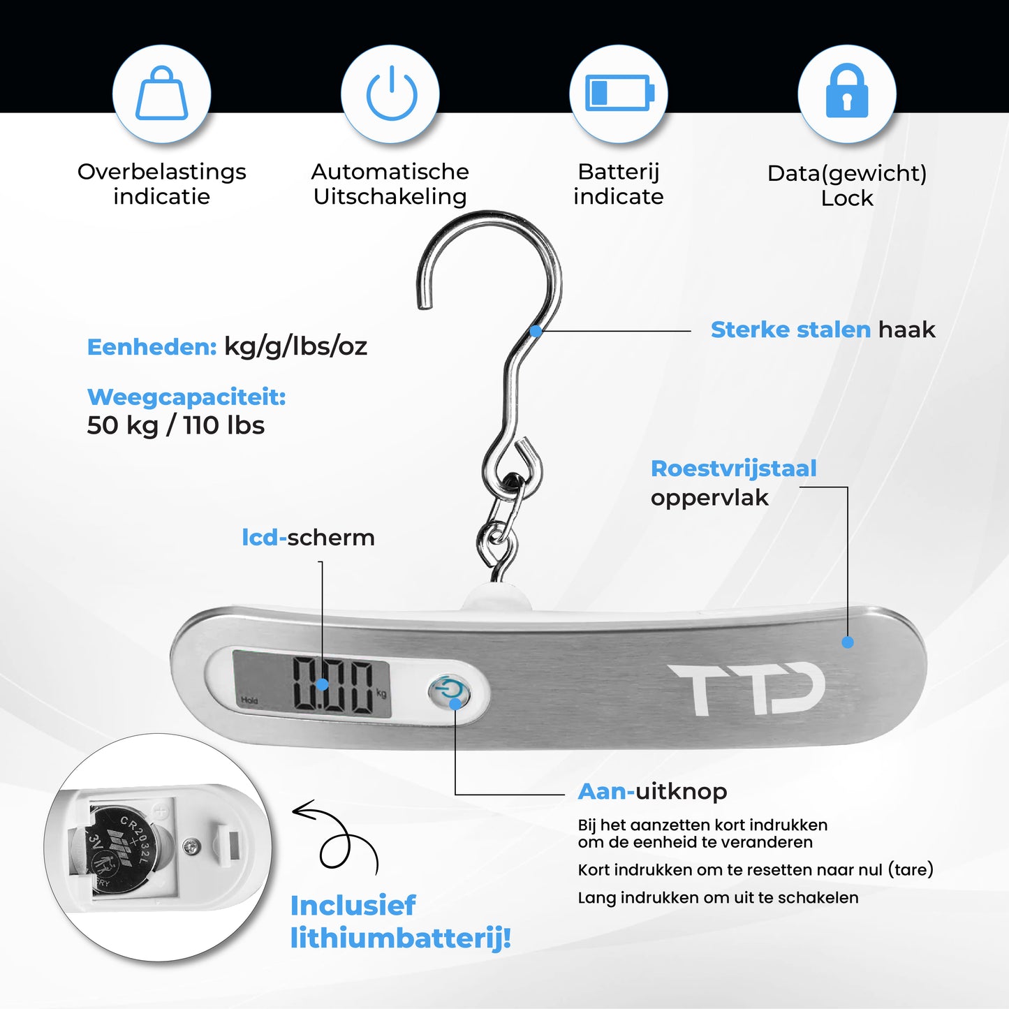 TTD® Kofferweegschaal met Haak en Travel Bag - Weegcapaciteit 50 kg - Bagageweegschaal - Bagageweger - Hangweegschaal - Digital Luggage Scale - Kofferweger - Reizen met Vliegtuig - kg/g/lbs/oz - Inclusief Batterijen - Wit