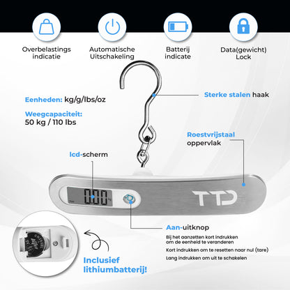 TTD® Kofferweegschaal met Haak - Weegcapaciteit 50 kg - Bagageweegschaal - Bagageweger - Hangweegschaal - Digital Luggage Scale - Kofferweger - Reizen met Vliegtuig - kg/g/lbs/oz - Inclusief Batterijen - Wit