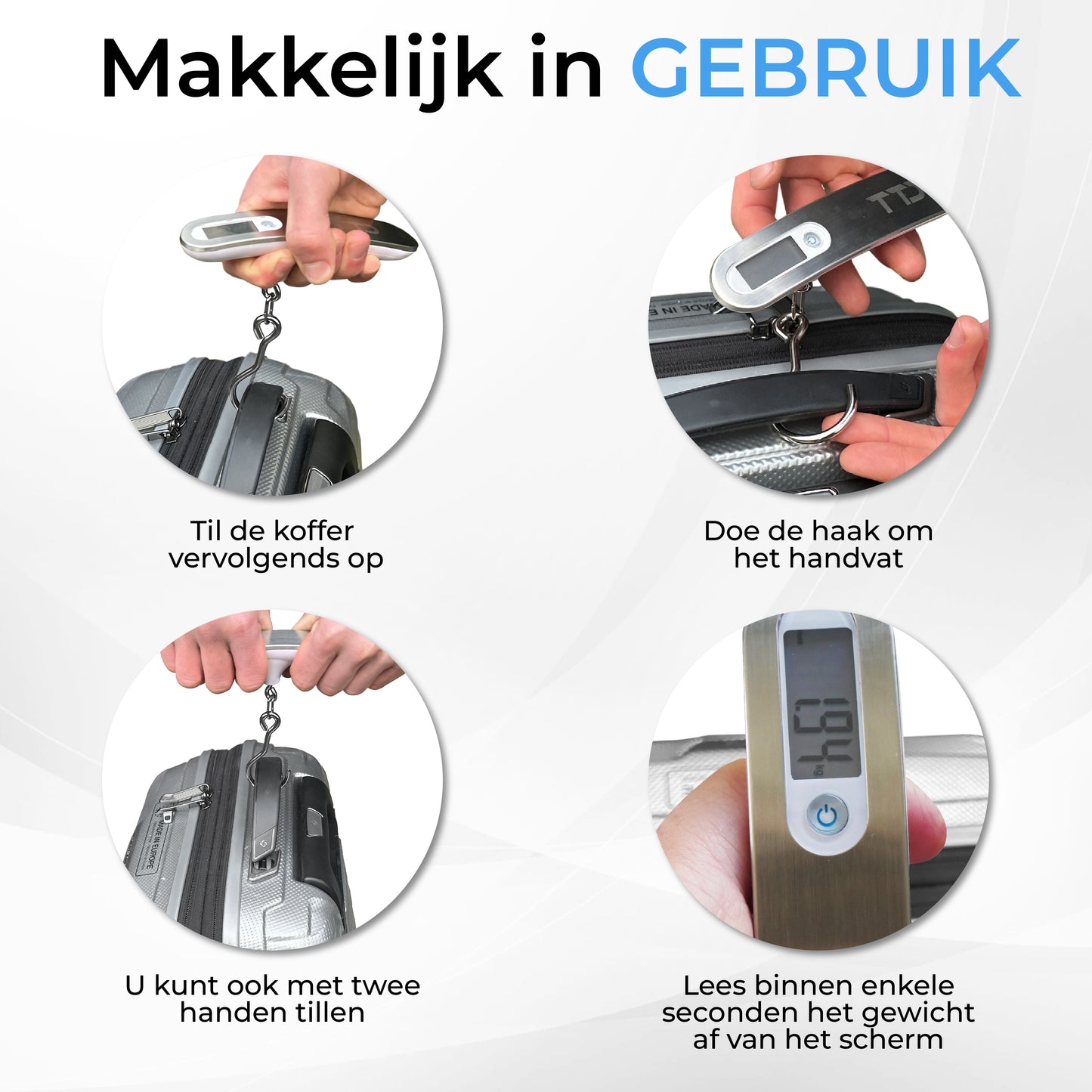 TTD® Kofferweegschaal met Haak en Travel Bag - Weegcapaciteit 50 kg - Bagageweegschaal - Bagageweger - Hangweegschaal - Digital Luggage Scale - Kofferweger - Reizen met Vliegtuig - kg/g/lbs/oz - Inclusief Batterijen - Wit