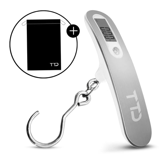 TTD® Kofferweegschaal met Haak en Travel Bag - Weegcapaciteit 50 kg - Bagageweegschaal - Bagageweger - Hangweegschaal - Digital Luggage Scale - Kofferweger - Reizen met Vliegtuig - kg/g/lbs/oz - Inclusief Batterijen - Wit