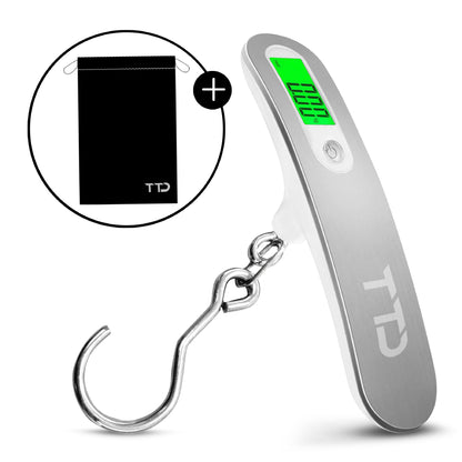 TTD® Kofferweegschaal met Haak, Verlicht Scherm en Travel Bag - Weegcapaciteit 50 kg - Bagageweegschaal - Bagageweger - Hangweegschaal - Digital Luggage Scale - Kofferweger - Reizen met Vliegtuig - kg/g/lbs/oz - Inclusief Batterijen - Wit
