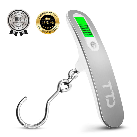 TTD® Kofferweegschaal met Haak en Verlicht Scherm - Weegcapaciteit 50 kg - Bagageweegschaal - Bagageweger - Hangweegschaal - Digital Luggage Scale - Kofferweger - Reizen met Vliegtuig - kg/g/lbs/oz - Inclusief Batterijen - Wit