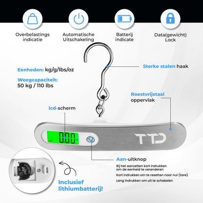 TTD® Kofferweegschaal met Haak, Verlicht Scherm en Travel Bag - Weegcapaciteit 50 kg - Bagageweegschaal - Bagageweger - Hangweegschaal - Digital Luggage Scale - Kofferweger - Reizen met Vliegtuig - kg/g/lbs/oz - Inclusief Batterijen - Wit