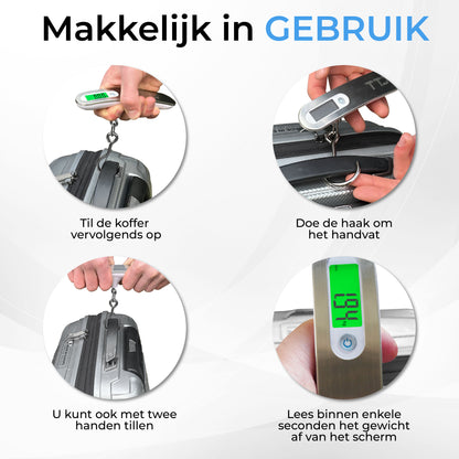 TTD® Kofferweegschaal met Haak, Verlicht Scherm en Travel Bag - Weegcapaciteit 50 kg - Bagageweegschaal - Bagageweger - Hangweegschaal - Digital Luggage Scale - Kofferweger - Reizen met Vliegtuig - kg/g/lbs/oz - Inclusief Batterijen - Wit