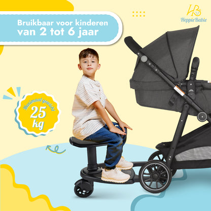 HeppieBabie Meerijdplankje - Met Zitje en Bekerhouder - Let Op Afmetingen! - Voor Kinderwagen of Buggy - Buggy Board
