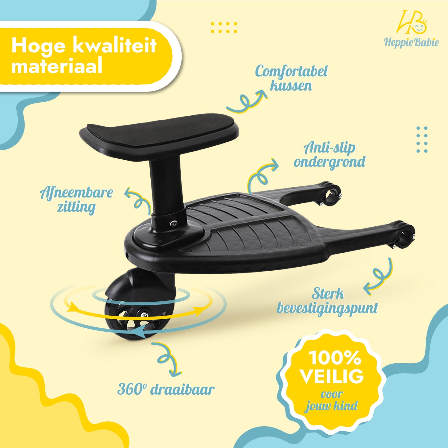 HeppieBabie Meerijdplankje - Met Zitje en Bekerhouder - Let Op Afmetingen! - Voor Kinderwagen of Buggy - Buggy Board