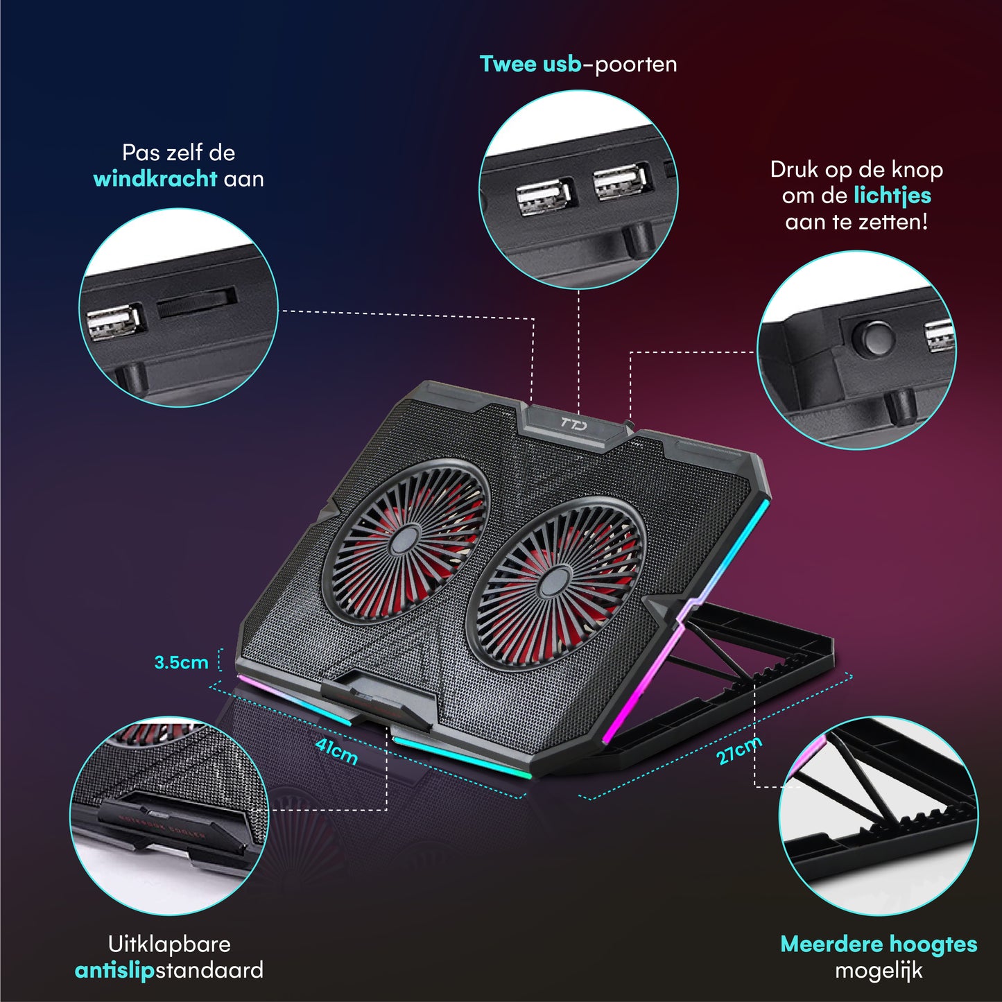 TTD® Premium Laptop Cooler en Verstelbare Laptop Verhoger - Laptop Standaard Verstelbaar - Laptop Steun - Rotatiesnelheden tot boven de 2400 RPM - Gaming Laptop Cooling Pad - Tot 17 Inch - Extra USB-poort - Zwart
