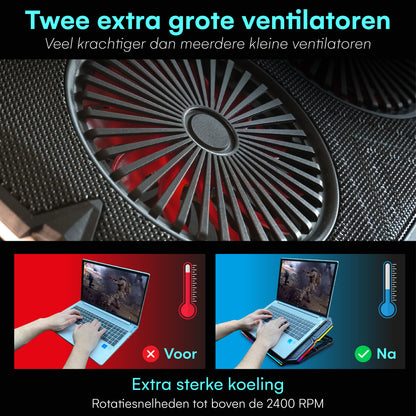 TTD® Premium Laptop Cooler en Verstelbare Laptop Verhoger - Laptop Standaard Verstelbaar - Laptop Steun - Rotatiesnelheden tot boven de 2400 RPM - Gaming Laptop Cooling Pad - Tot 17 Inch - Extra USB-poort - Zwart