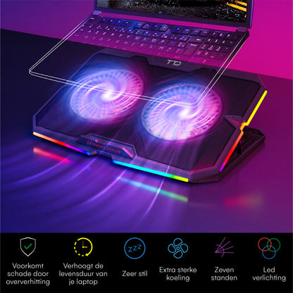 TTD® Premium Laptop Cooler en Verstelbare Laptop Verhoger - Laptop Standaard Verstelbaar - Laptop Steun - Rotatiesnelheden tot boven de 2400 RPM - Gaming Laptop Cooling Pad - Tot 17 Inch - Extra USB-poort - Zwart