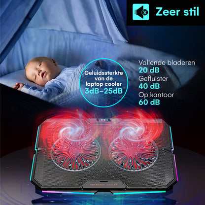 TTD® Premium Laptop Cooler en Verstelbare Laptop Verhoger - Laptop Standaard Verstelbaar - Laptop Steun - Rotatiesnelheden tot boven de 2400 RPM - Gaming Laptop Cooling Pad - Tot 17 Inch - Extra USB-poort - Zwart
