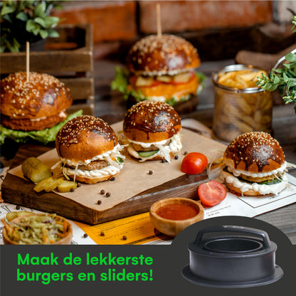 TTD® Hamburgerpers en Hamburgermaker - Smash Burger - Grillgroeven - BBQ Accesoires - Burgerpers - Barbecue Accessoires - Burger Press - Ook voor Miniburgers en Gevulde Burgers - Vaatwasserbestendig - BPA Vrij - Inclusief 100 Waxpapiertjes - Zwart