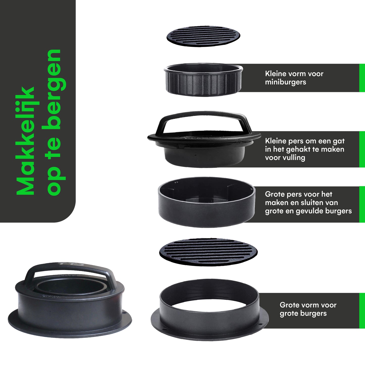 TTD® Hamburgerpers en Hamburgermaker - Smash Burger - Grillgroeven - BBQ Accesoires - Burgerpers - Barbecue Accessoires - Burger Press - Ook voor Miniburgers en Gevulde Burgers - Vaatwasserbestendig - BPA Vrij - Inclusief 100 Waxpapiertjes - Zwart