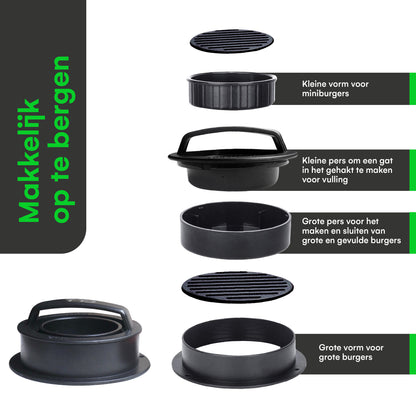 TTD® Hamburgerpers en Hamburgermaker - Smash Burger - Grillgroeven - BBQ Accesoires - Burgerpers - Barbecue Accessoires - Burger Press - Ook voor Miniburgers en Gevulde Burgers - Vaatwasserbestendig - BPA Vrij - Inclusief 100 Waxpapiertjes - Zwart