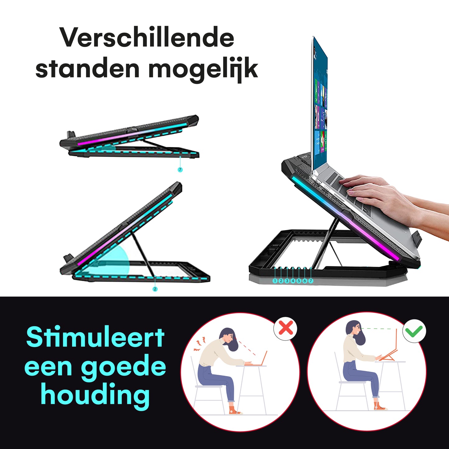 TTD® Premium Laptop Cooler en Verstelbare Laptop Verhoger - Laptop Standaard Verstelbaar - Laptop Steun - Rotatiesnelheden tot boven de 2400 RPM - Gaming Laptop Cooling Pad - Tot 17 Inch - Extra USB-poort - Zwart