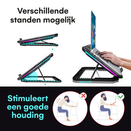 TTD® Premium Laptop Cooler en Verstelbare Laptop Verhoger - Laptop Standaard Verstelbaar - Laptop Steun - Rotatiesnelheden tot boven de 2400 RPM - Gaming Laptop Cooling Pad - Tot 17 Inch - Extra USB-poort - Zwart
