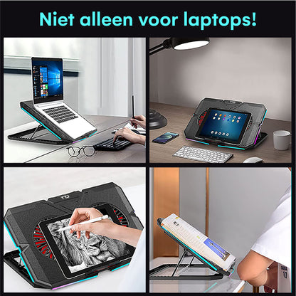 TTD® Premium Laptop Cooler en Verstelbare Laptop Verhoger - Laptop Standaard Verstelbaar - Laptop Steun - Rotatiesnelheden tot boven de 2400 RPM - Gaming Laptop Cooling Pad - Tot 17 Inch - Extra USB-poort - Zwart