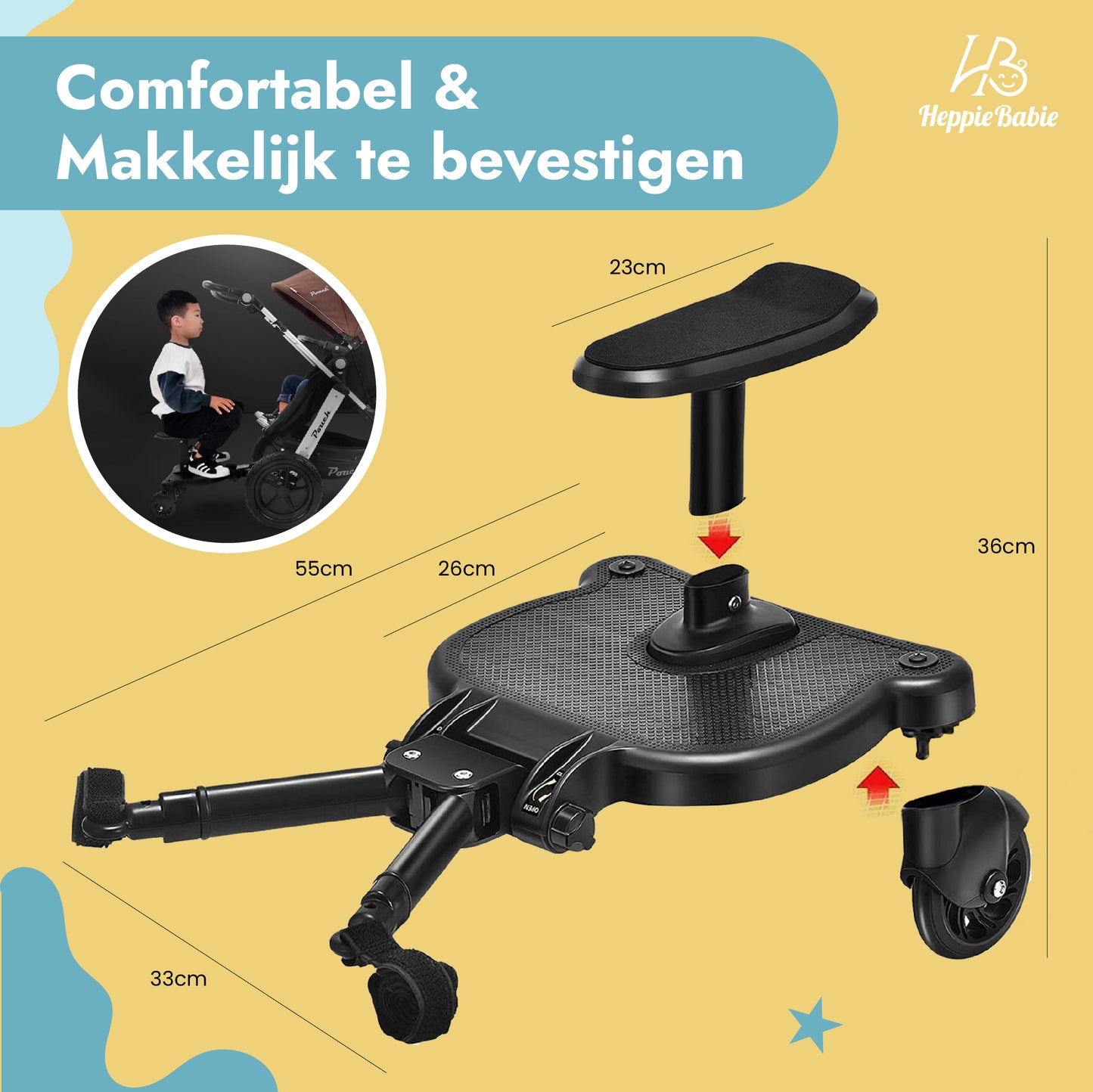 HeppieBabie Universeel Meerijdplankje - Met Zitje - Voor Kinderwagen of Buggy - Buggy Board