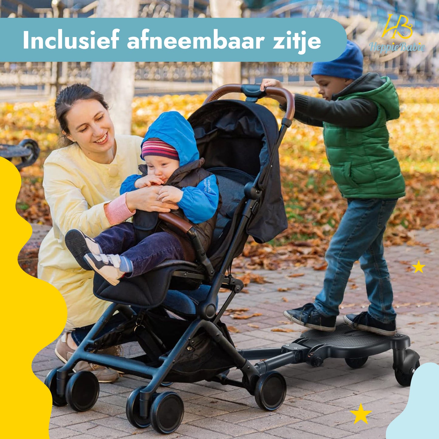 HeppieBabie Universeel Meerijdplankje - Met Zitje - Voor Kinderwagen of Buggy - Buggy Board