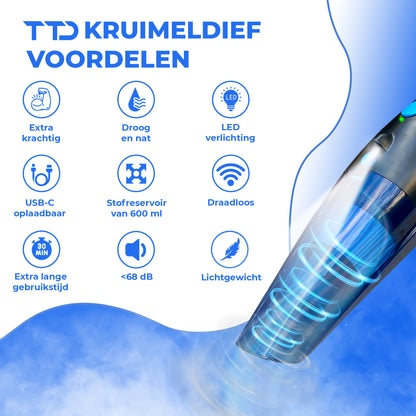 TTD® Premium Autostofzuiger Draadloos - Extra Krachtig 14.000 Pa - Nat & Droog - Inclusief Premium HEPA-filter - Draadloze Kruimelzuiger - Stofzuiger voor Auto - Handstofzuiger - Kruimeldief