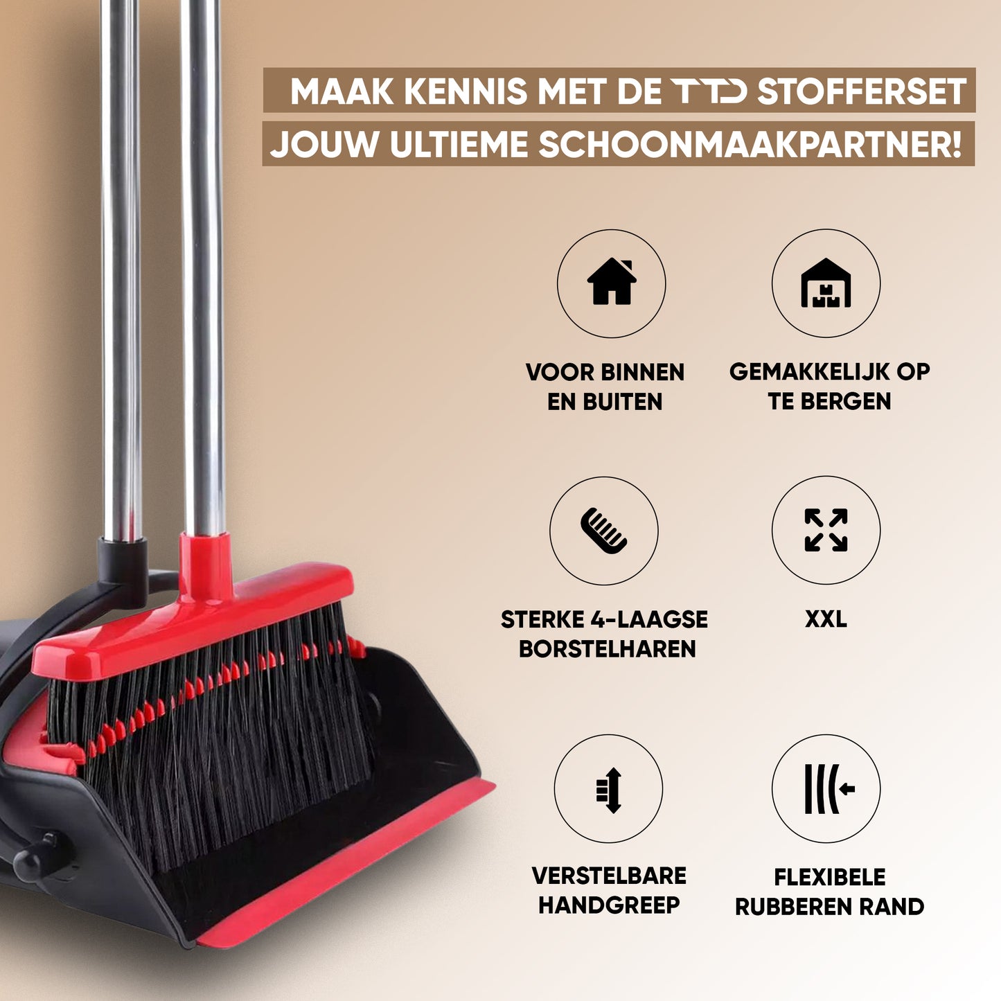 TTD® Stoffer en Blik met Lange Steel XXL - Verstelbaar 54-263 cm - Bezem - Bezemsteel - Veger en Blik - Vuilblik voor Binnen en Buiten - Ingebouwde Schoonmaaktanden