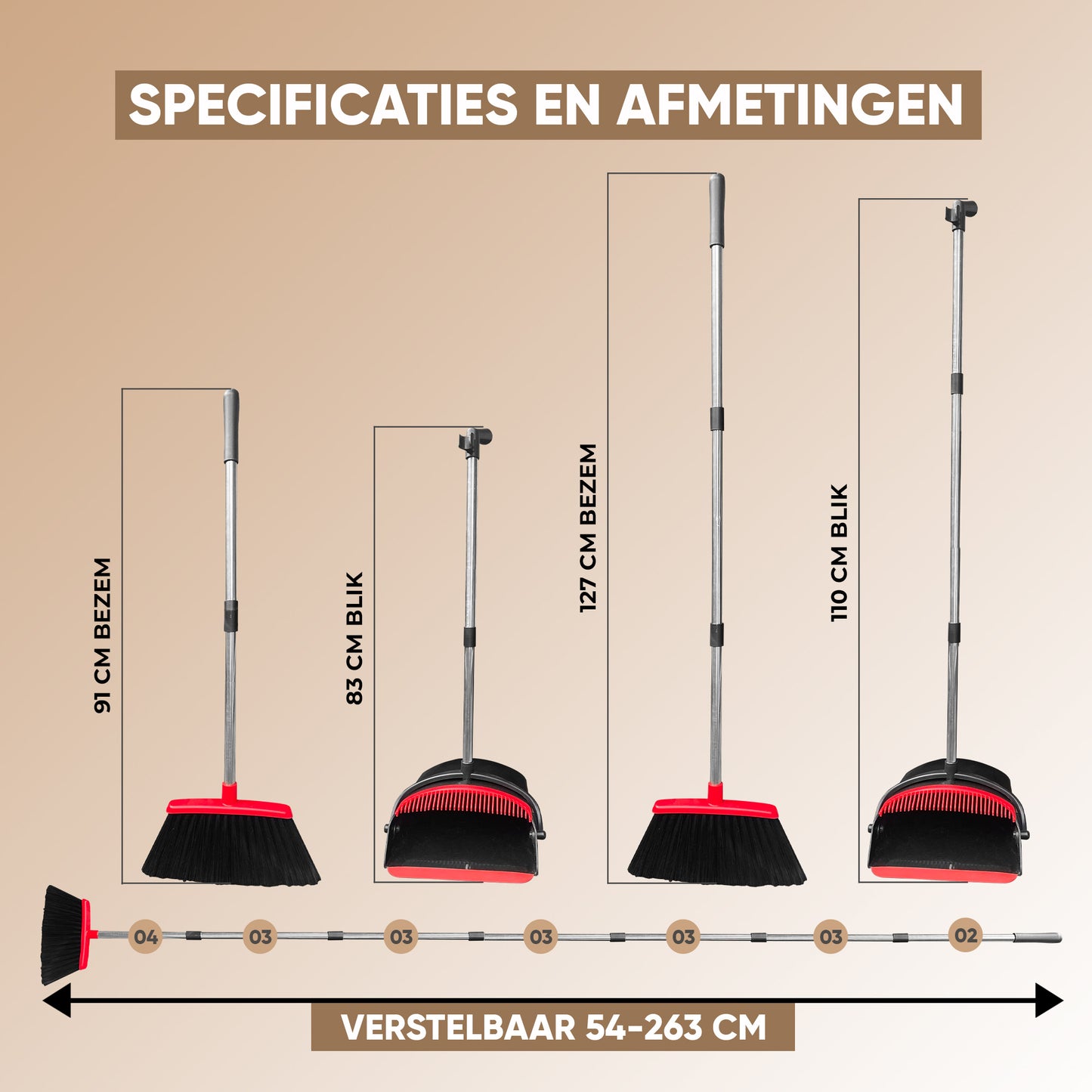 TTD® Stoffer en Blik met Lange Steel XXL - Verstelbaar 54-263 cm - Bezem - Bezemsteel - Veger en Blik - Vuilblik voor Binnen en Buiten - Ingebouwde Schoonmaaktanden