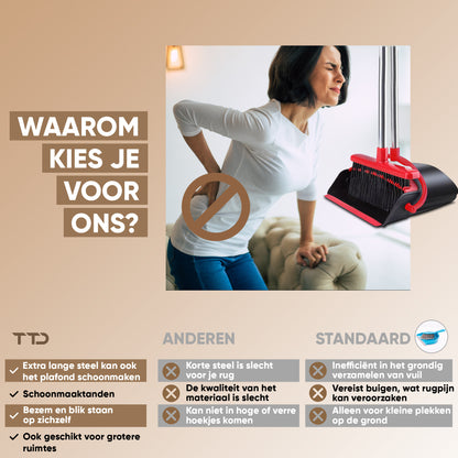 TTD® Stoffer en Blik met Lange Steel XXL - Verstelbaar 54-263 cm - Bezem - Bezemsteel - Veger en Blik - Vuilblik voor Binnen en Buiten - Ingebouwde Schoonmaaktanden